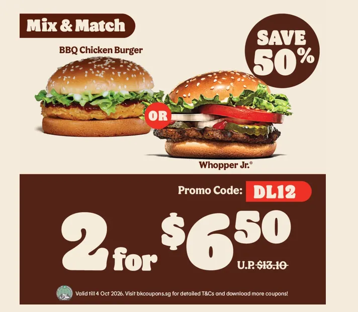 Burger King Deal: 2 Burger for 6,50 SGD